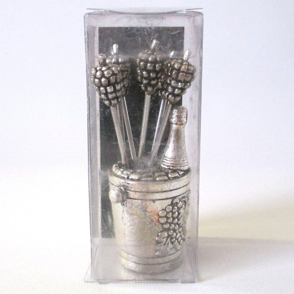 Vintage Silver Plated Cocktail Fork Set Grapes In Champagne Bucket With Box